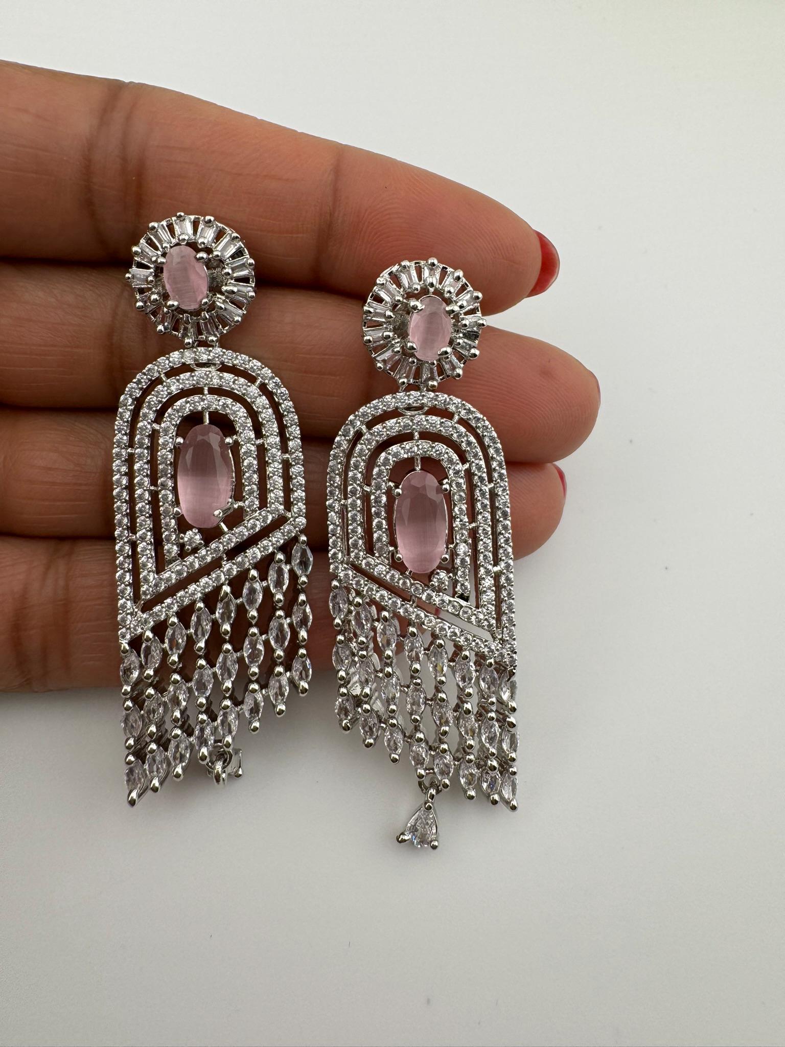 Pink Premium silver color Cubic Zirconia and Natural stone Long earrings