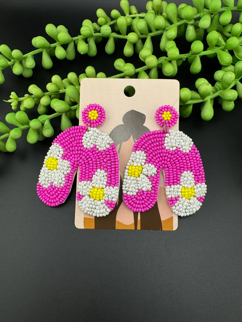 Beaded Hot Pink with flowers Quirky earring, Handmade earring