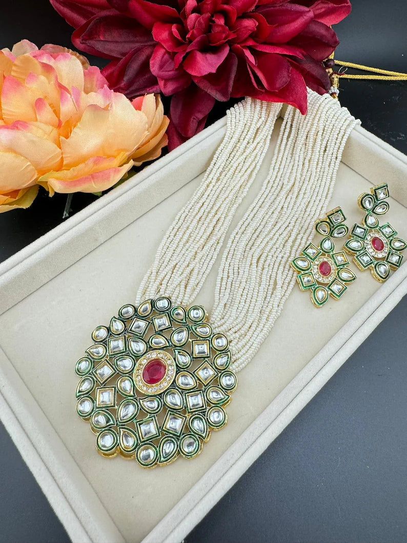 Kundan in small pearls Long Necklace set with earrings