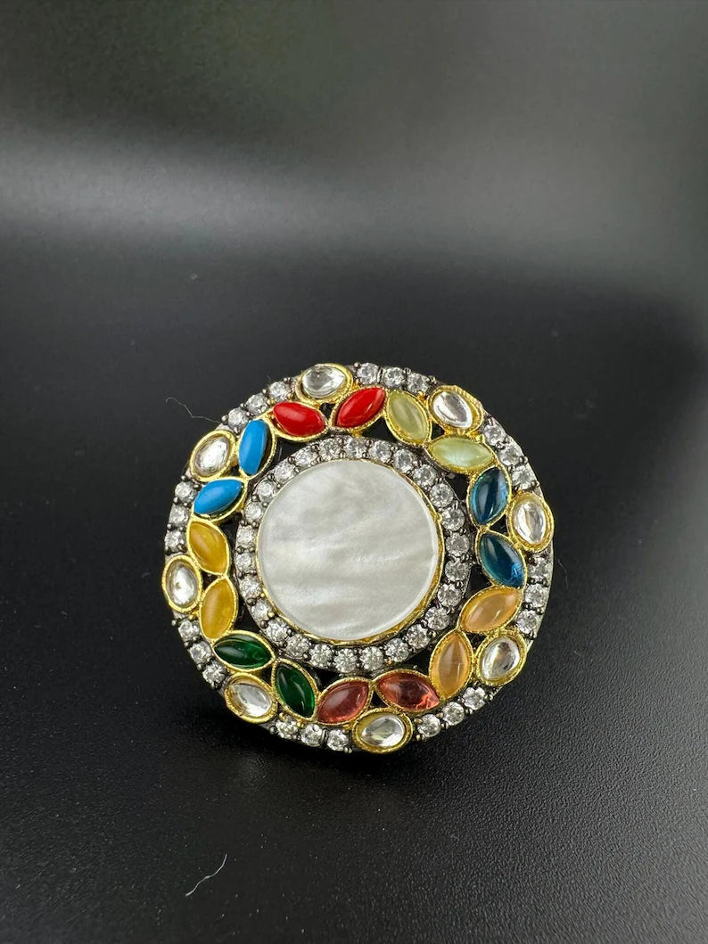 Adjustable Finger Ring with MOP, Multicolor stones, Victorian