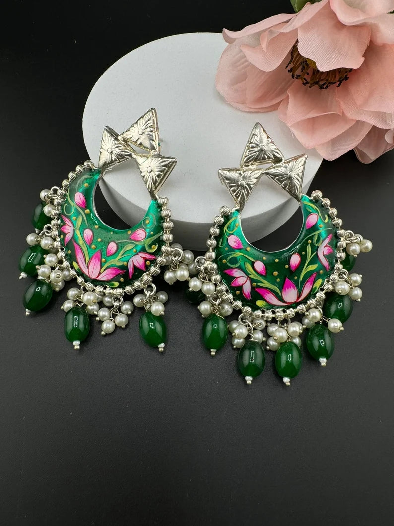 High Polish Minakari Oxidized German silver Chand Bali, Emerald Green