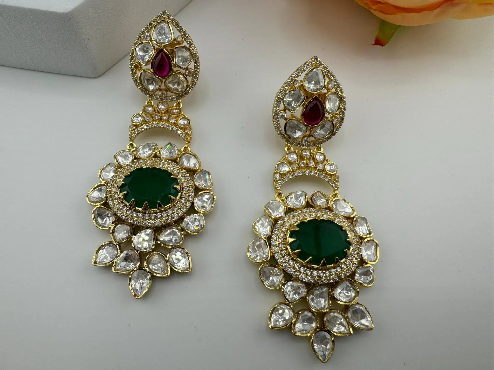 Premium Designer Uncut Kundan with Doublet stone and CZ details long earrings