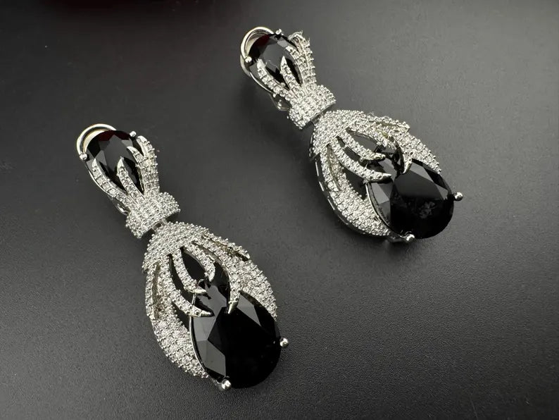 Premium Nano Setting Cubic Zirconia Chandelier earrings with Black Stone