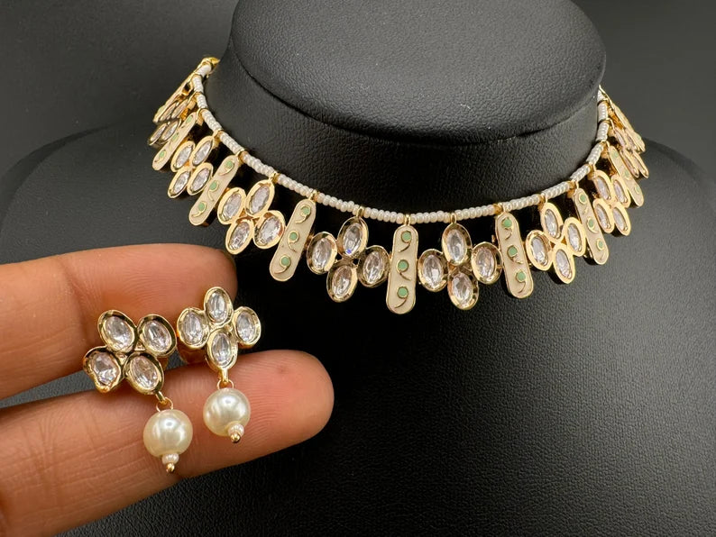 Premium Quality Tyaani Kundan, Italian Minakari Necklace with studs earring