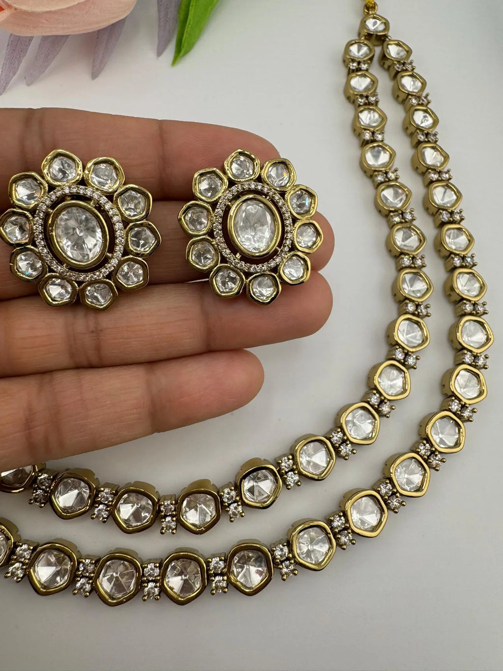 HOT SELLER!!! Premium Quality Moissanite Kundan 2 Layer set is Tyaani inspired Designer Necklace set with Stud earrings