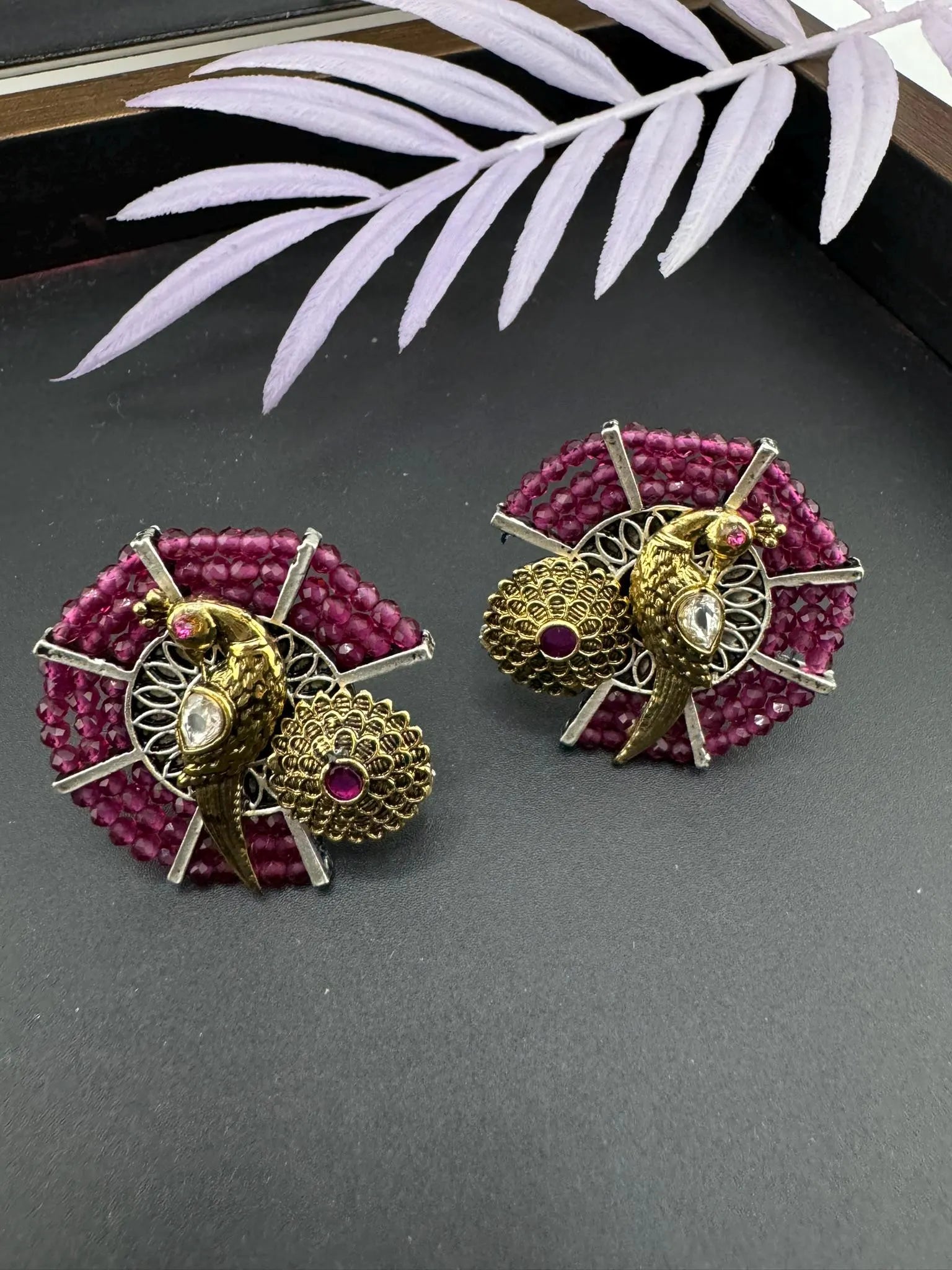 Amrapali inspired Premium designer stud earrings with Purple Beads and Peacock detailing