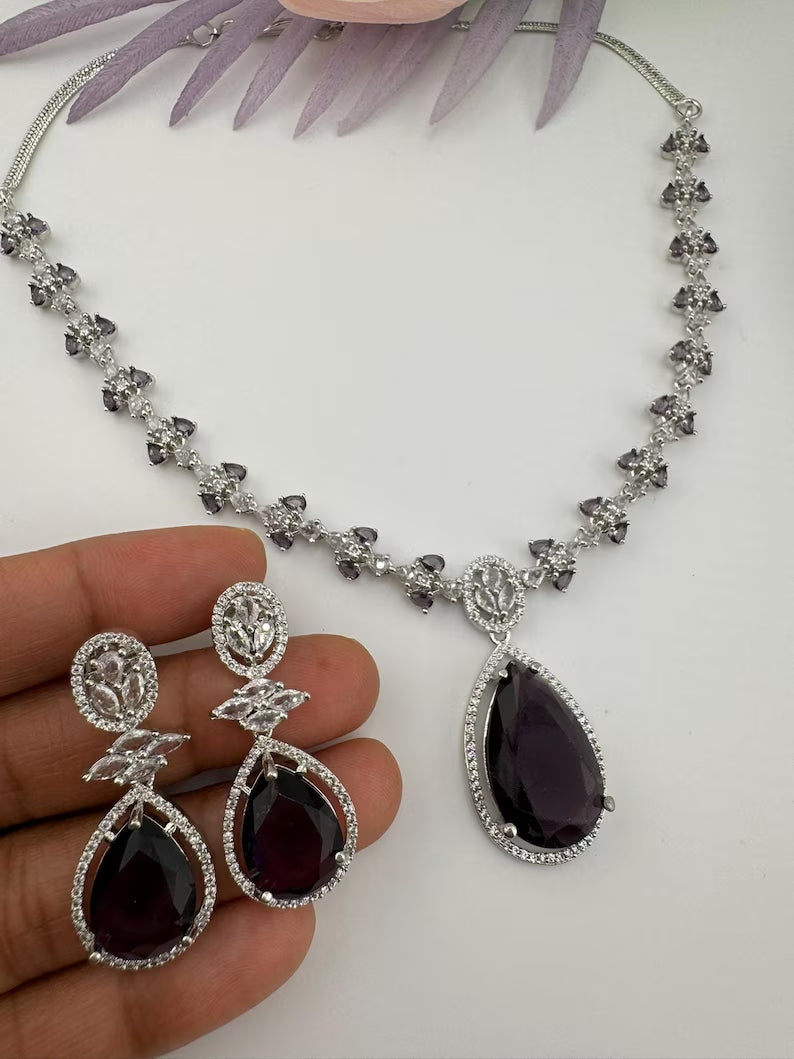 Crystal Stones and American Diamond, Cubic Zirconia Necklace set with earrings