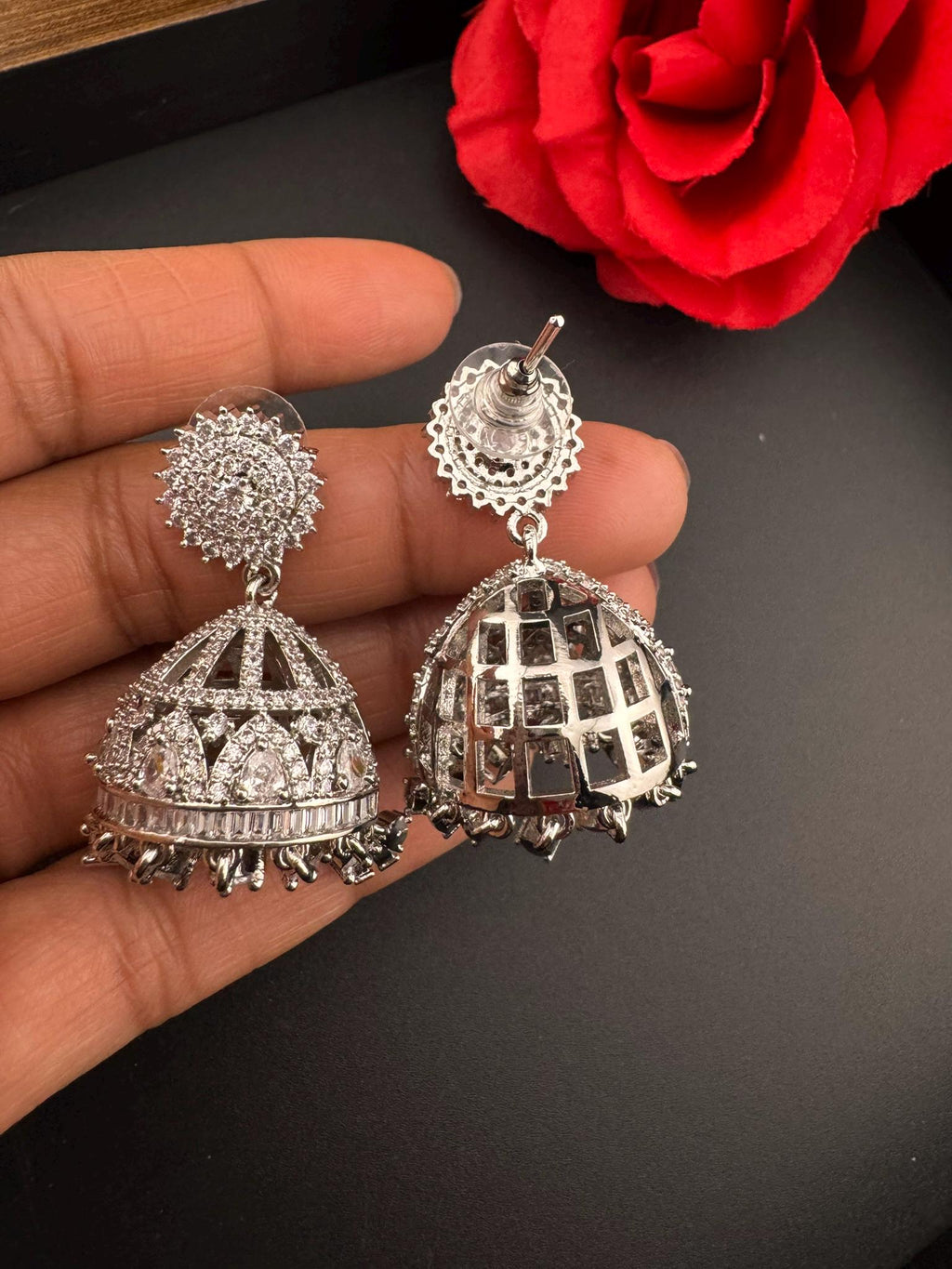 Silver polish Premium Jhumka in Cubic Zirconia Jhumki