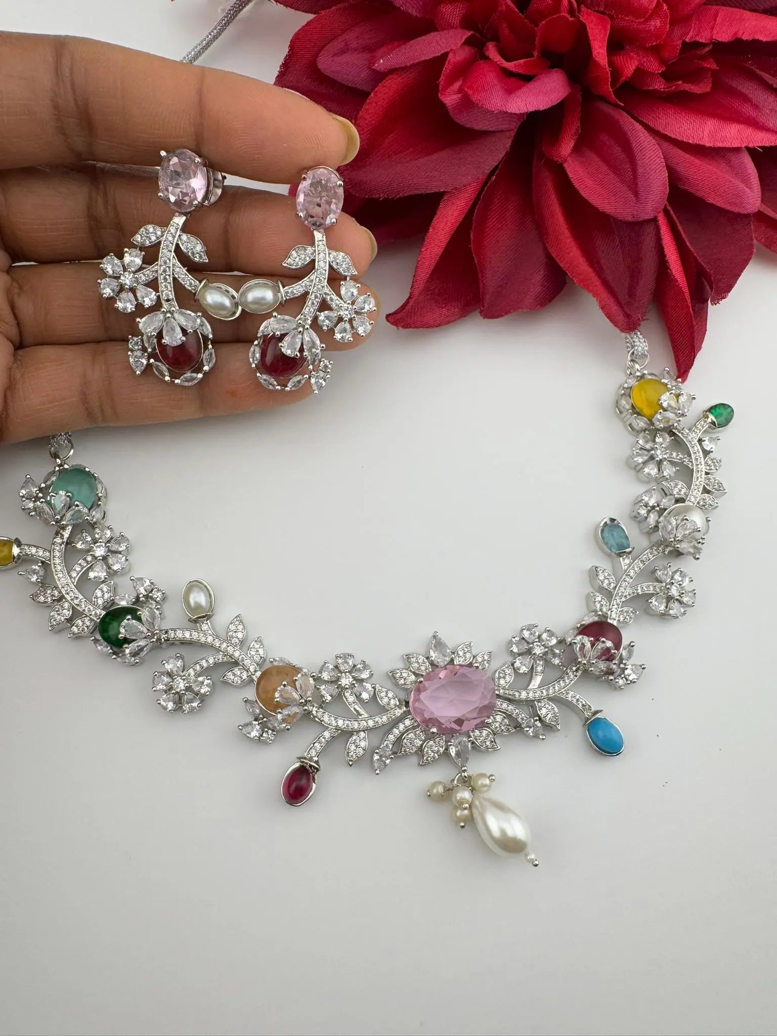 Pink Premium American Diamond, Cubic Zirconia, stones and Pearls Floral Necklace with earrings