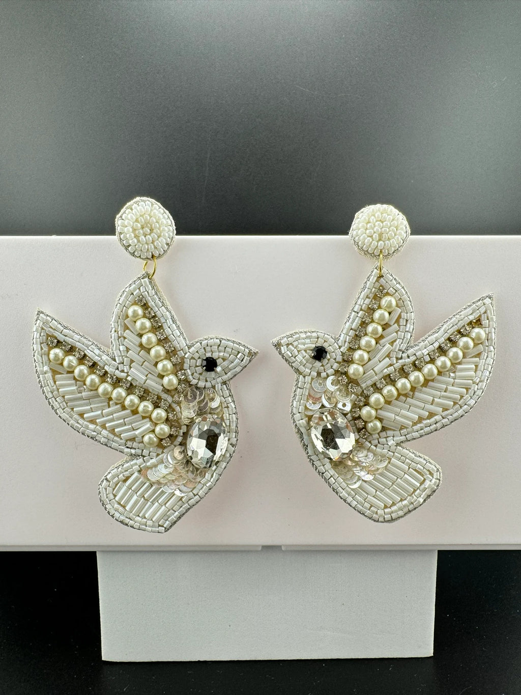 Beaded White Dove pigeon Quirky Unique earrings