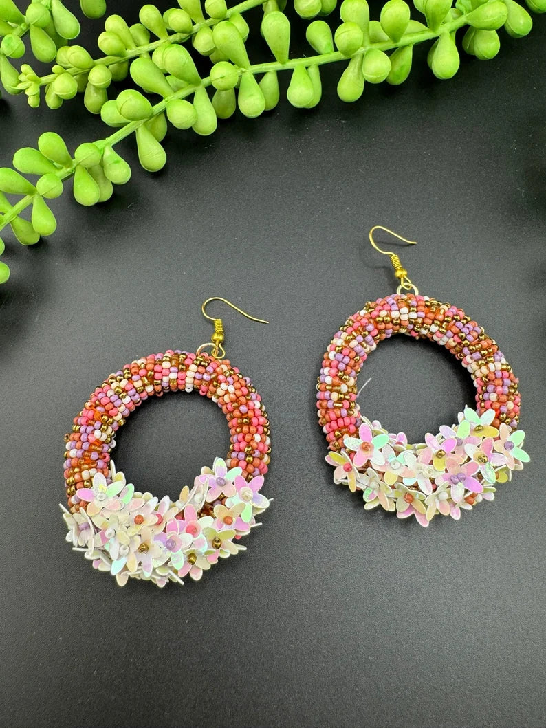 Beaded multicolor flower hoop Quirky earring, Handmade earring