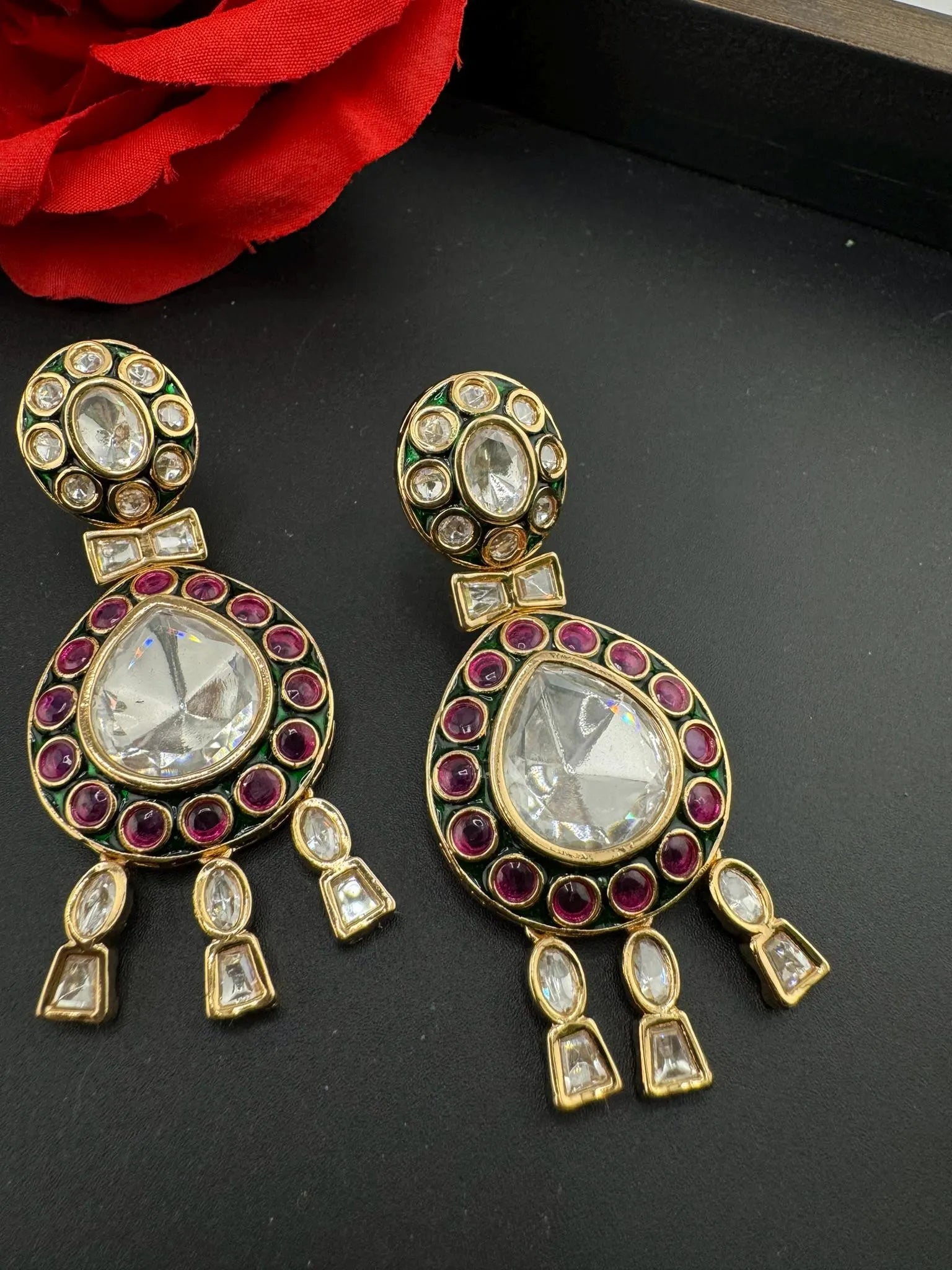 Amrapali inspired Premium Uncut Moissanite kundan with pachi kundan, CZ, Italian Minakari designer earrings