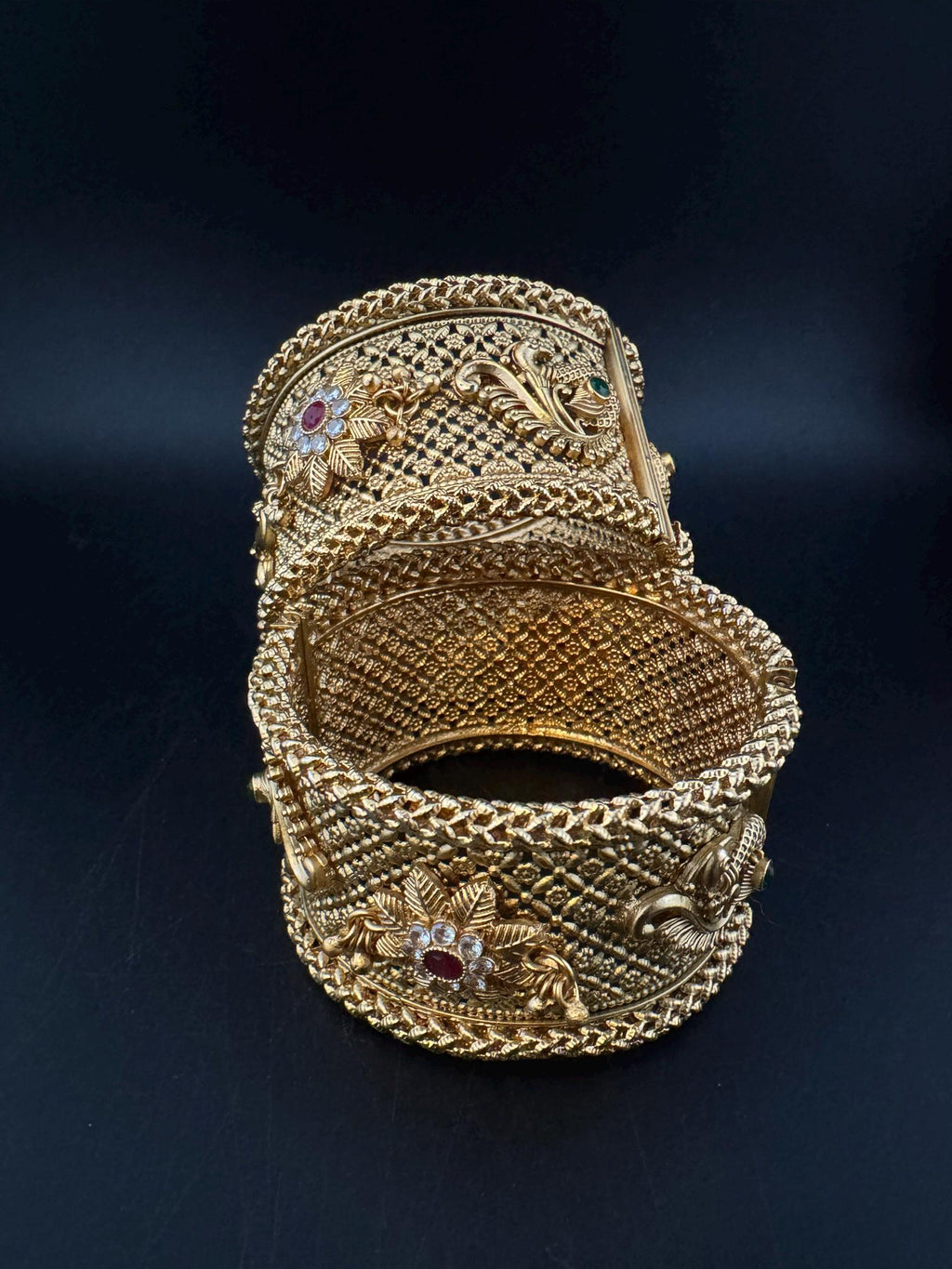 Amrapali inspired Designer bangles set, Openable Matt Gold Broad bangle set size-2.4"