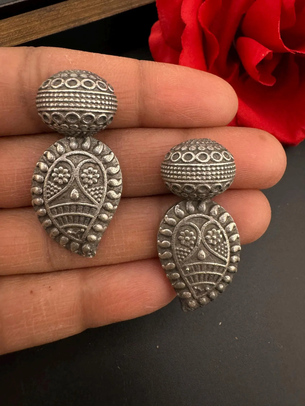 COMBO of 2 German SIlver oxidized earrings, leaf and mango earrings