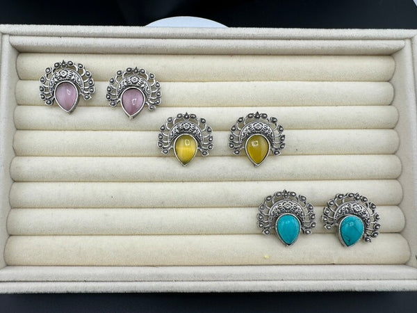 Oxidized German silver small Stone Stud earring