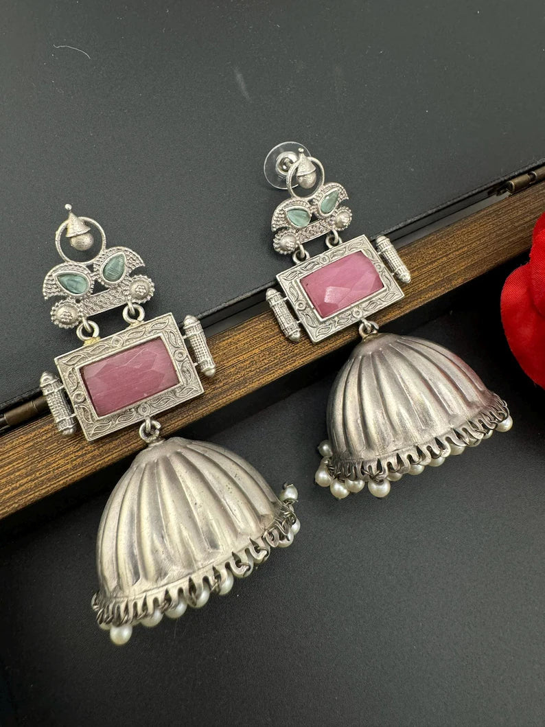 Oversized Oxidized German Silver Premium Jhumka earrings with Pink Monalisa stone