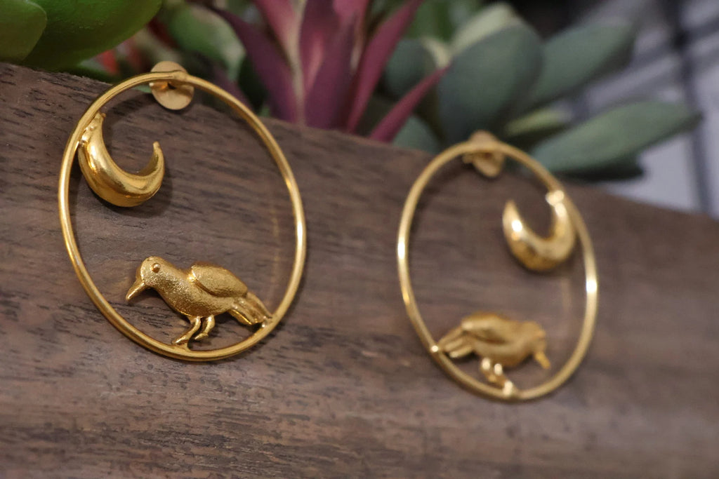 Matt Gold unique Hoop earrings in unique Moon and  Bird design
