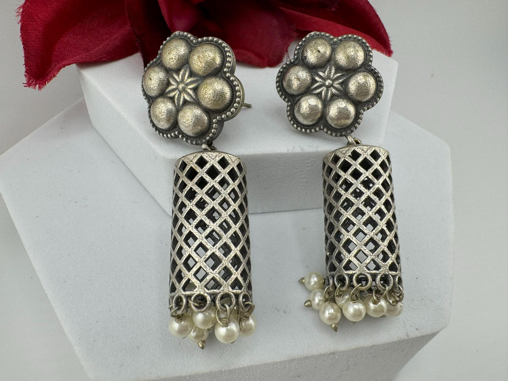 Oxidized German silver long Drum mesh earrings