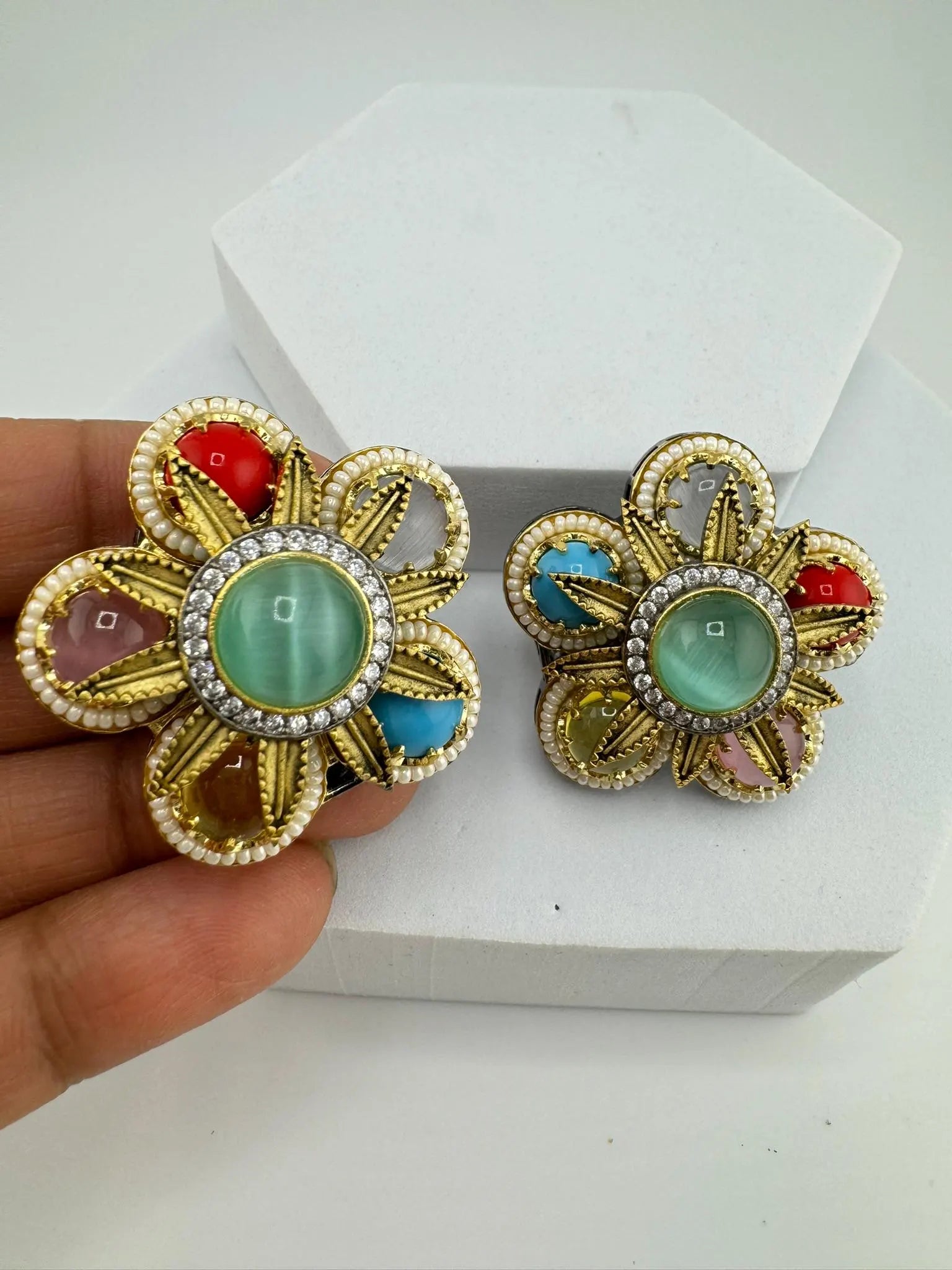 Sabyasachi inspired Premium designer Stud Earrings in Multicolor Natural stone, CZ and pearls