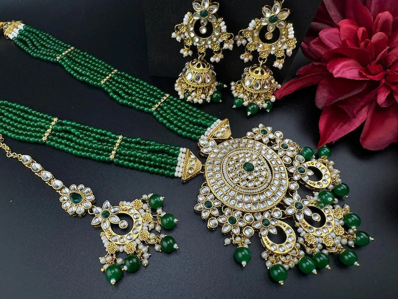 Kundan Bridal Long Necklace Set with Jhumka and Tikka