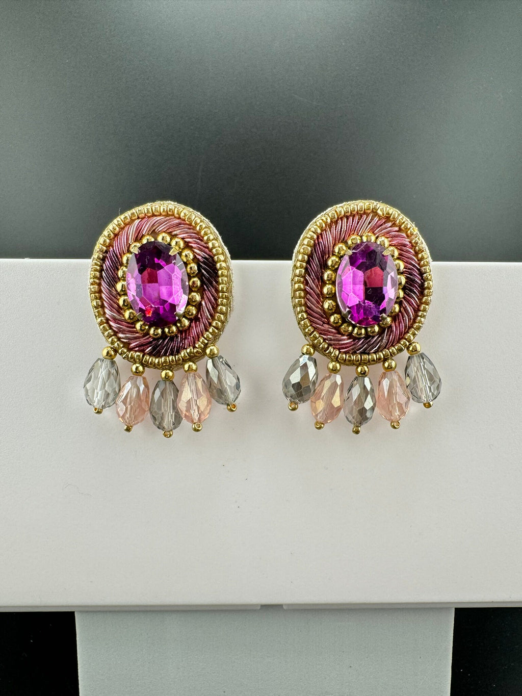 Beaded Crystal Purple Oval Big Studs Quirky earring/Handmade earrings