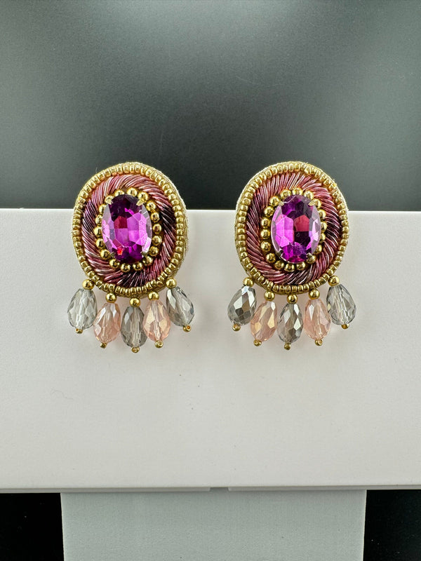 Beaded Crystal Purple Oval Big Studs Quirky earring/Handmade earrings