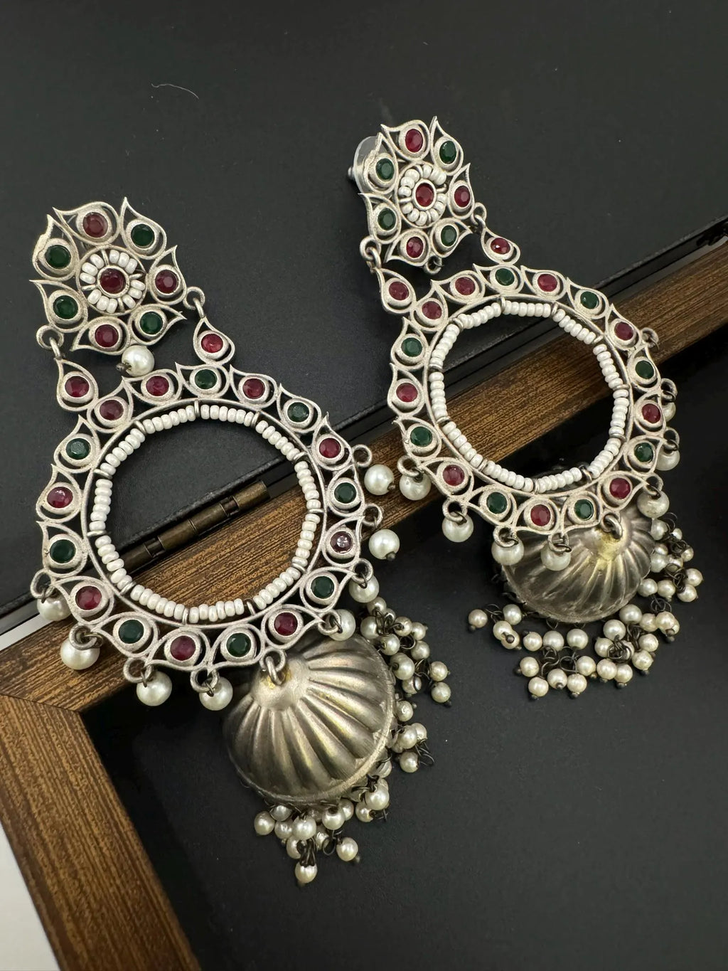 German Silver Oxidized long Oversized Jhumka earrings with multicolor stones