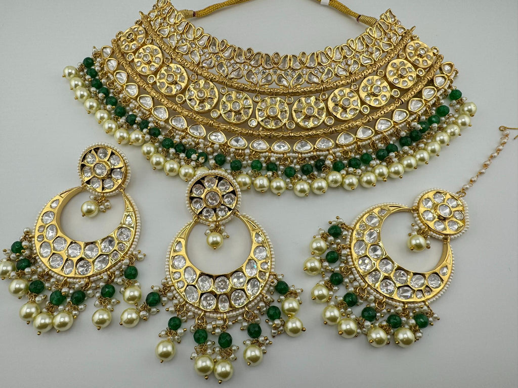 BRIDAL Tyaani Kundan Inspired Premium High gloss Broad Bridal necklace set with earring and Tika