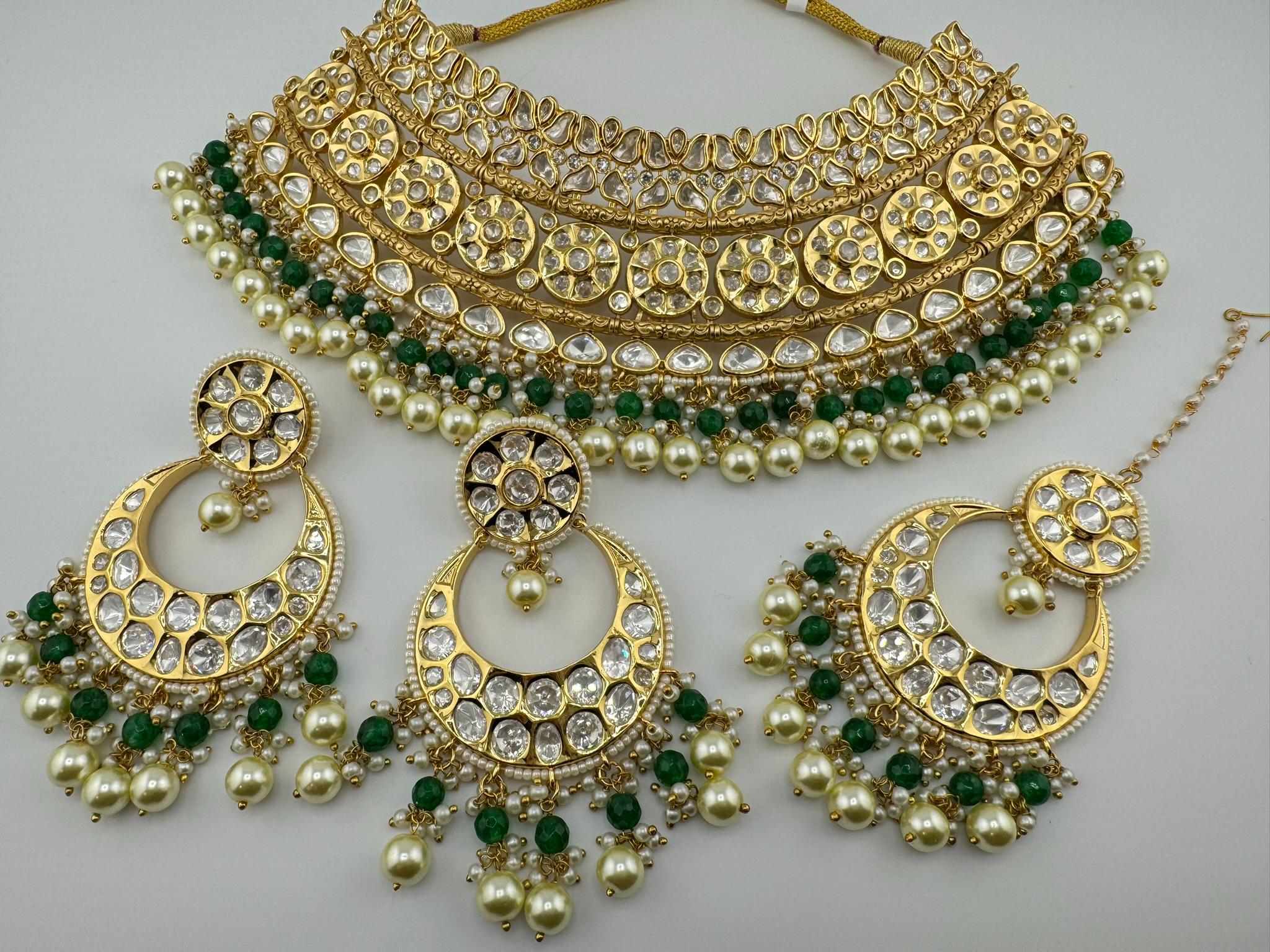 BRIDAL Tyaani Kundan Inspired Premium High gloss Broad Bridal necklace set with earring and Tika
