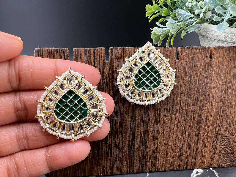 Green Gold Minakari Pearls and kundan Studs earrings