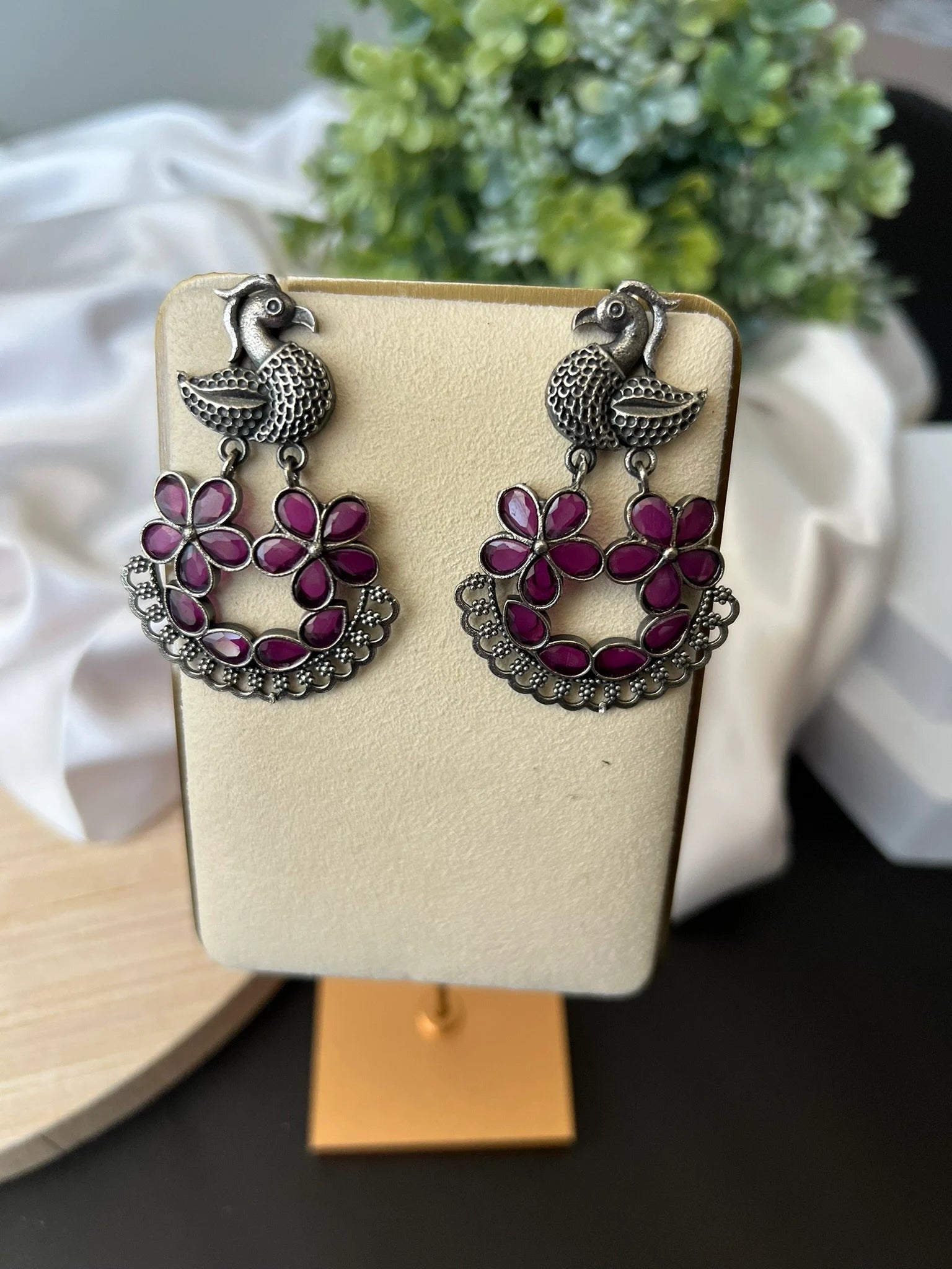 Pink Oxidized German Silver peacock Chandbali Earrings with stones