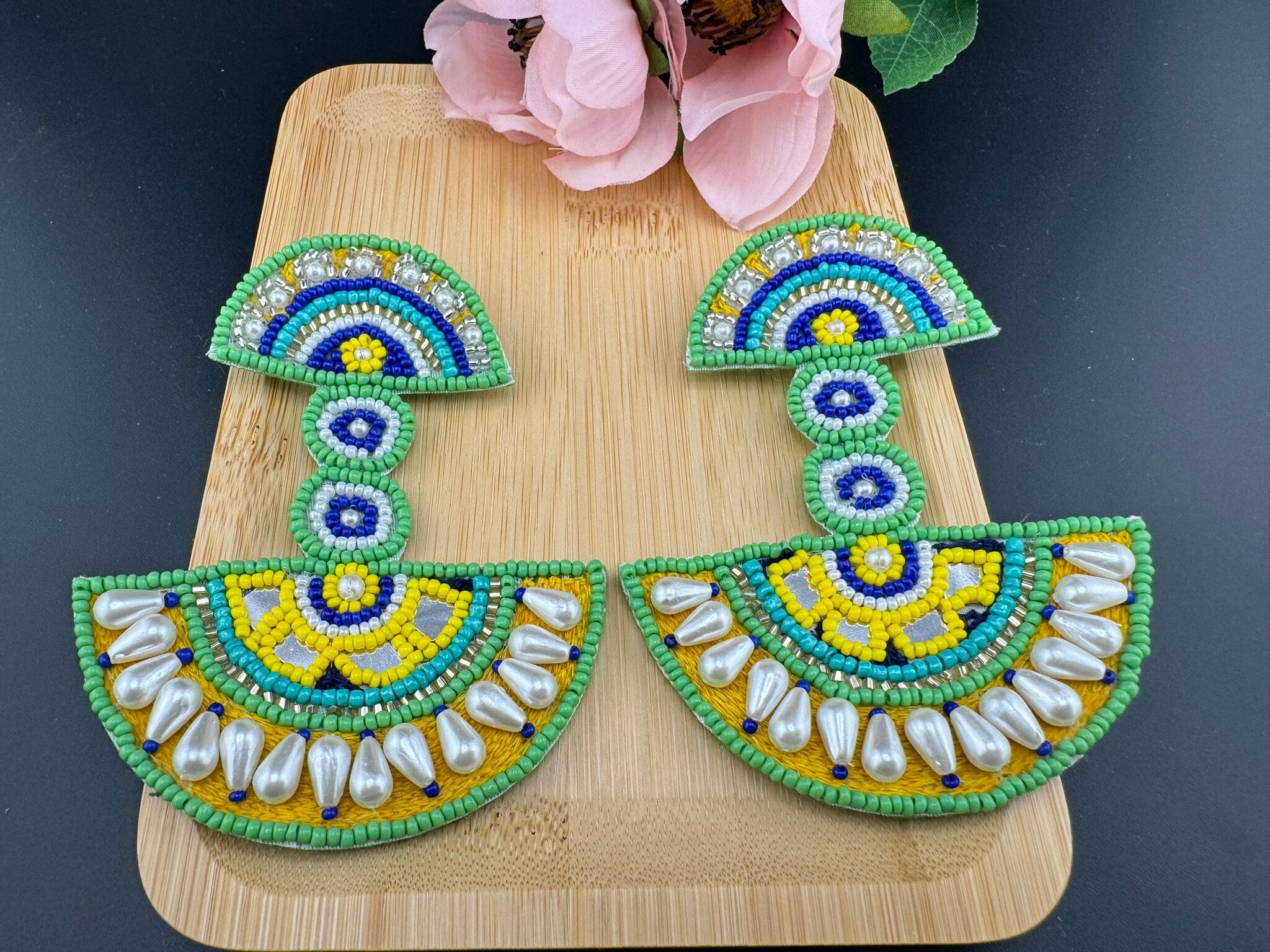 Beaded Oversized Long Quirky Green earring/Handmade Oversized earrings