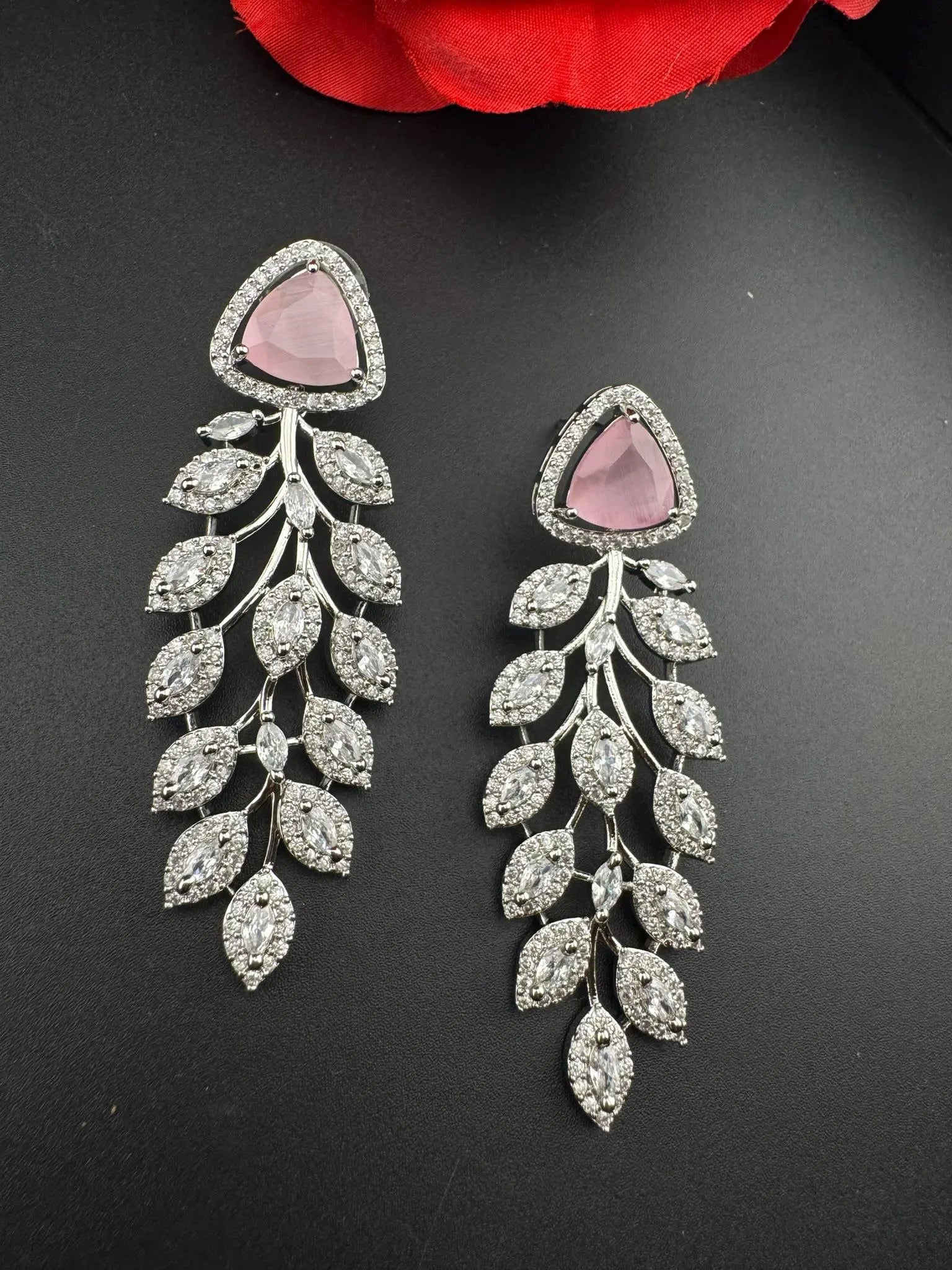 Leaf style Premium Cubic Zirconia, Crystal, Natural stone in silver color Long earrings