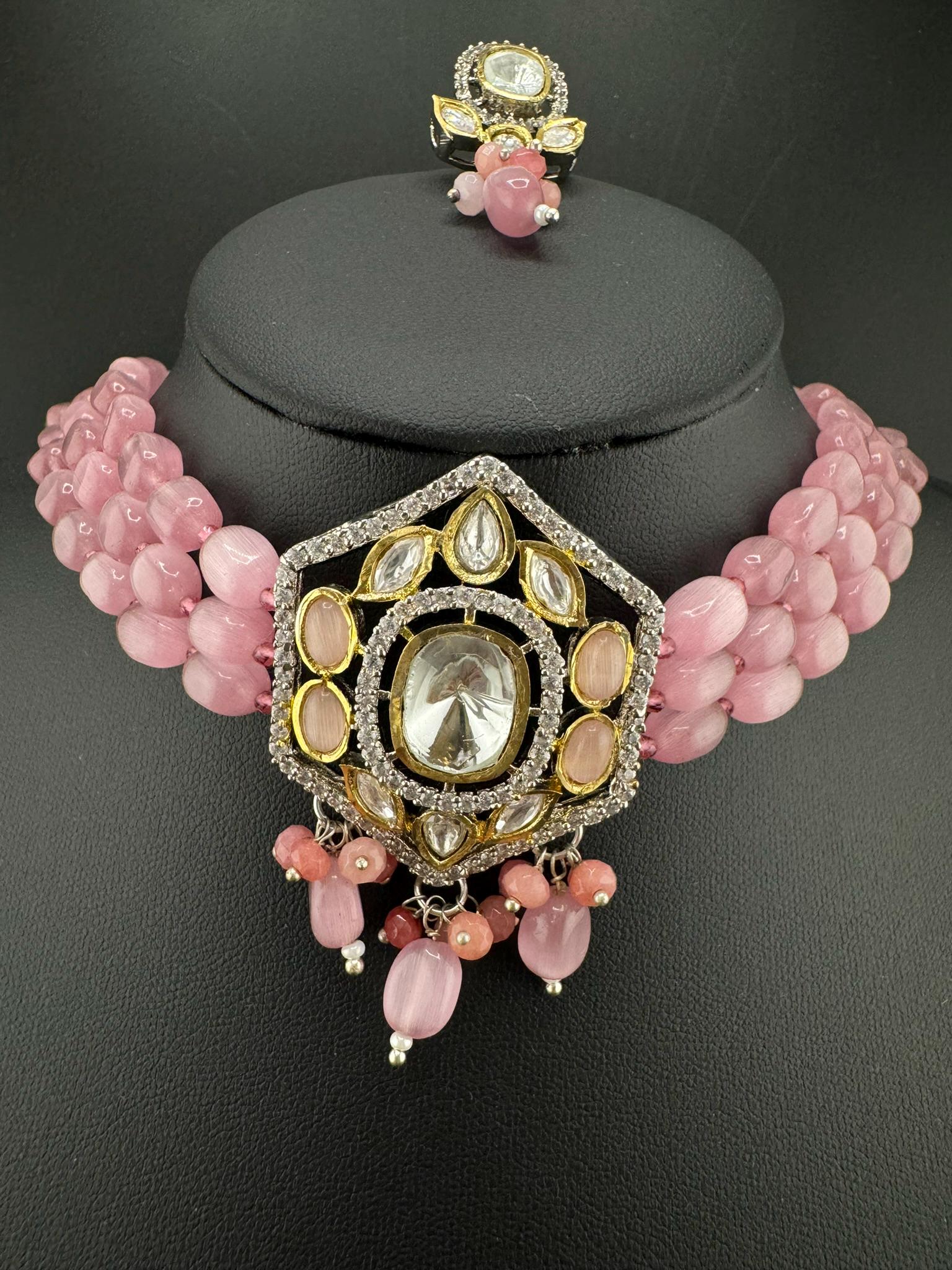 Tyaani Inspired Premium Fusion necklace with HQ Kundan, onyx beads and natural stones