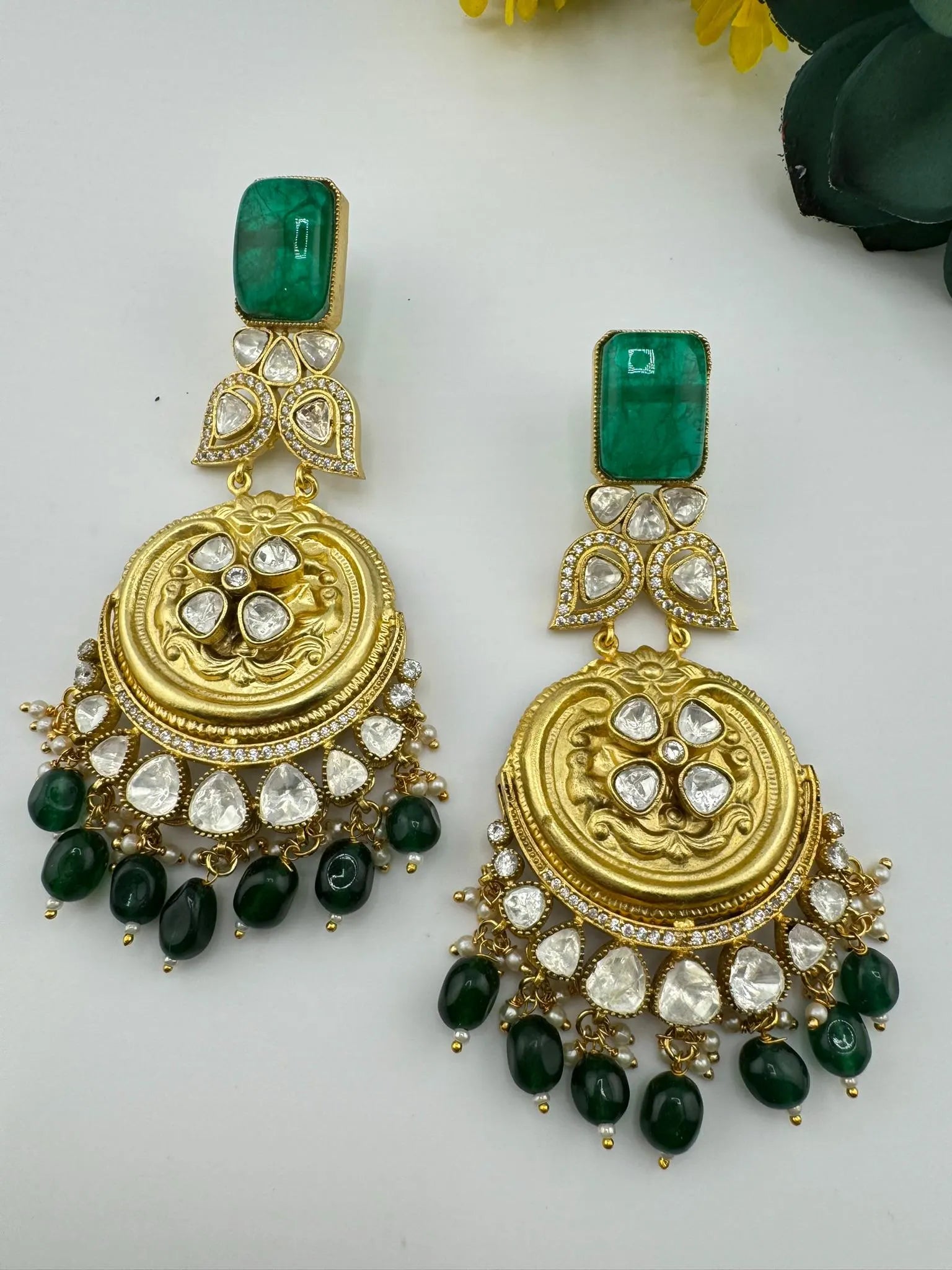 Amrapali Inspired Designer Premium Chandbali with Green stones, Moissanite Kundan and CZ long earrings