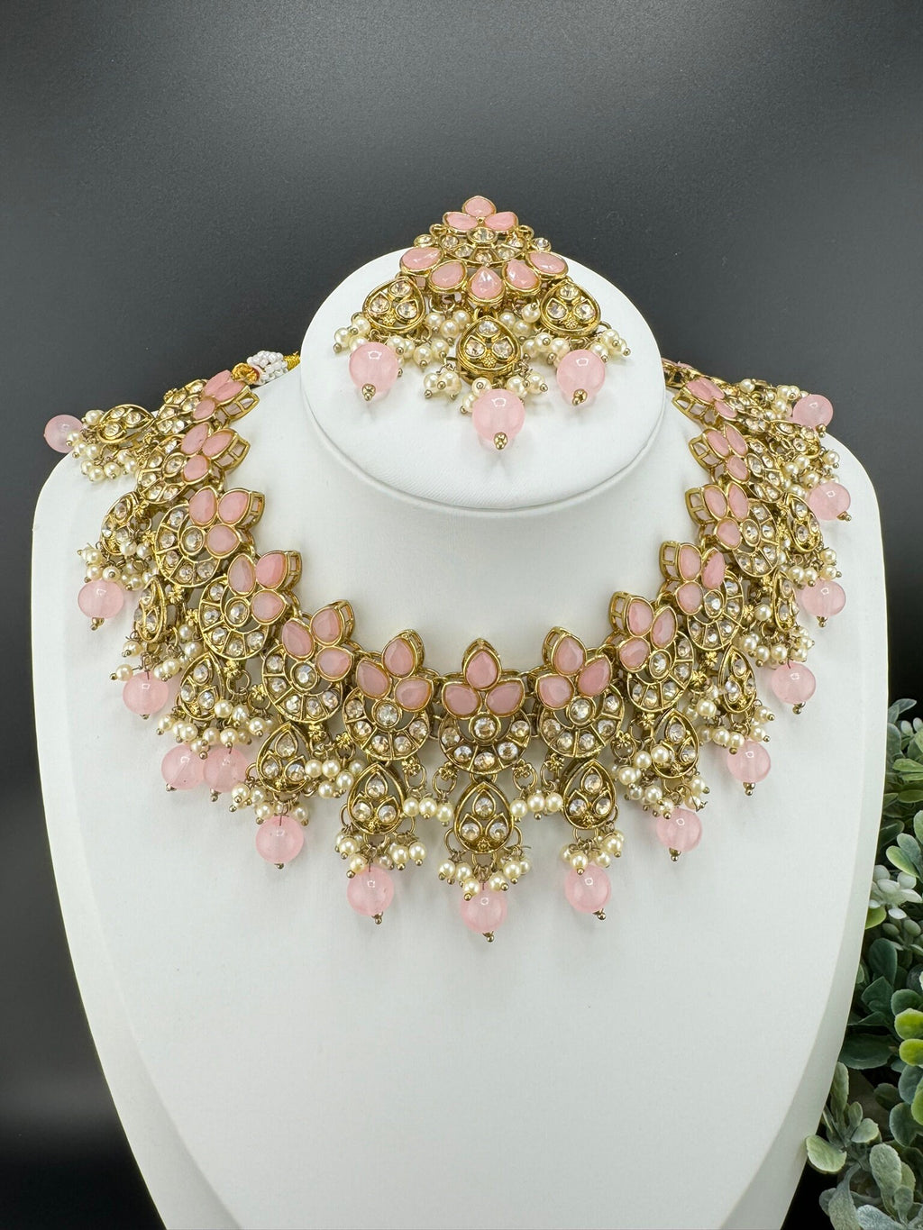 Polki Pink Necklace set with long earring and Tika/ semi-bridal set with Tika