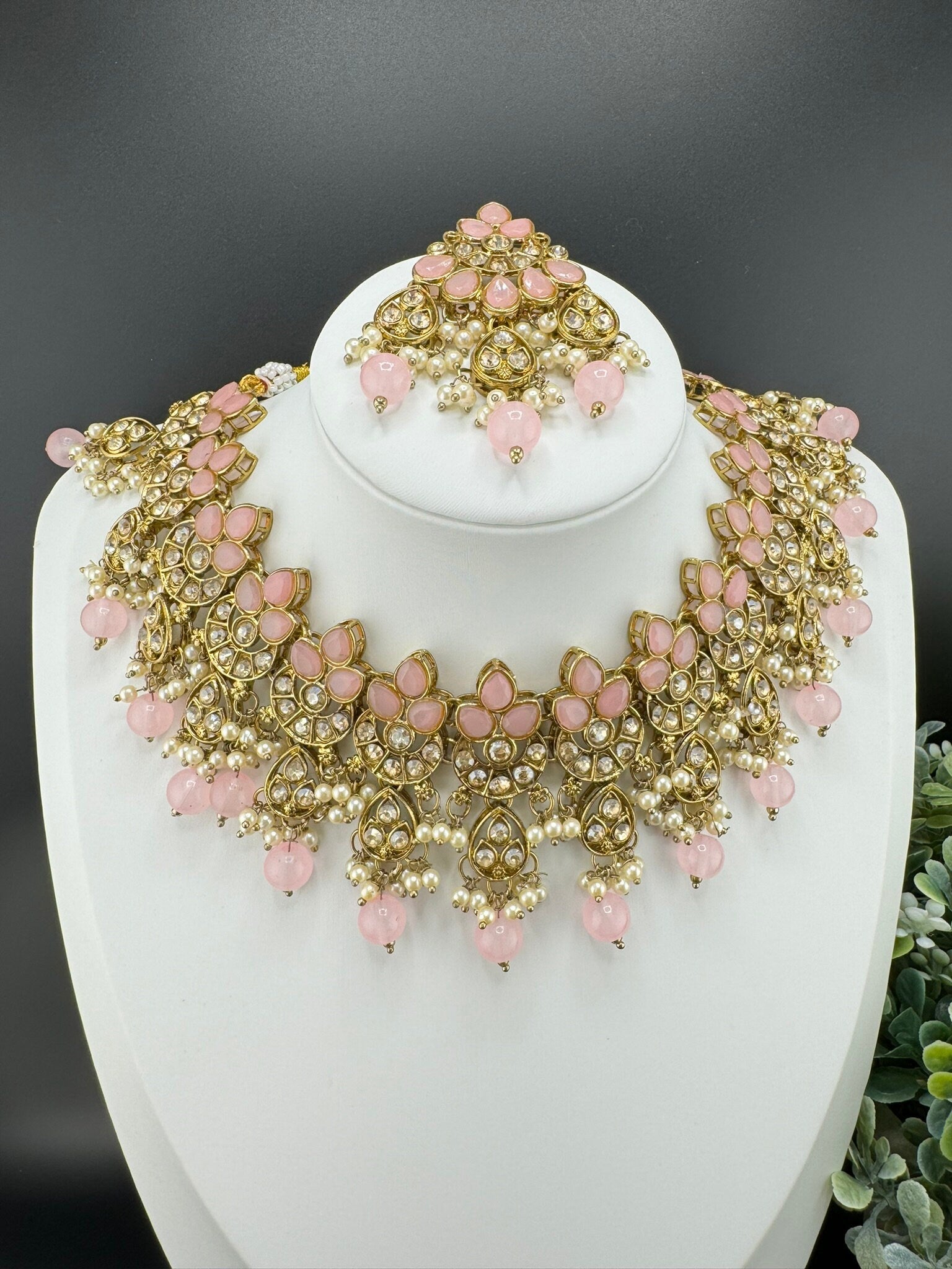 Polki Pink Necklace set with long earring and Tika/ semi-bridal set with Tika