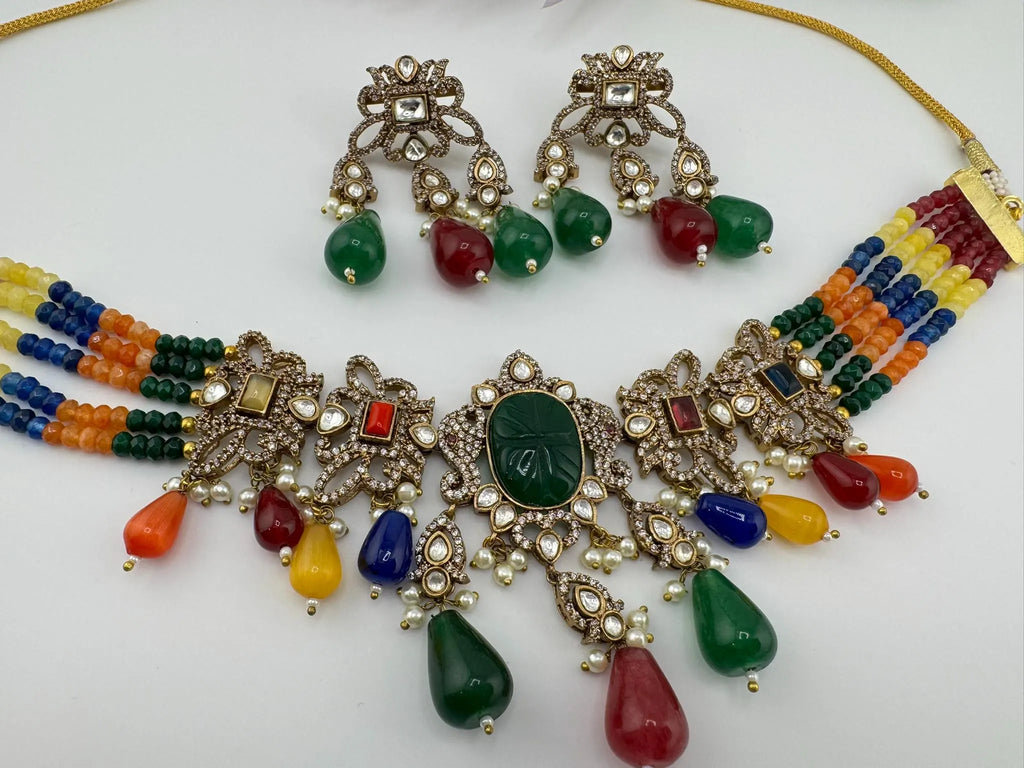 Multicolor Premium Quality Moissanite Uncut Kundan, CZ, carved stones, Onyx beads mala is Designer Choker necklace set with long earrings