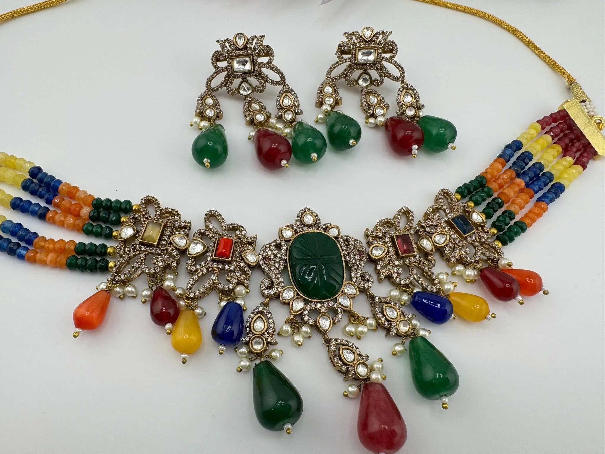 Multicolor Premium Quality Moissanite Uncut Kundan, CZ, carved stones, Onyx beads mala is Designer Choker necklace set with long earrings