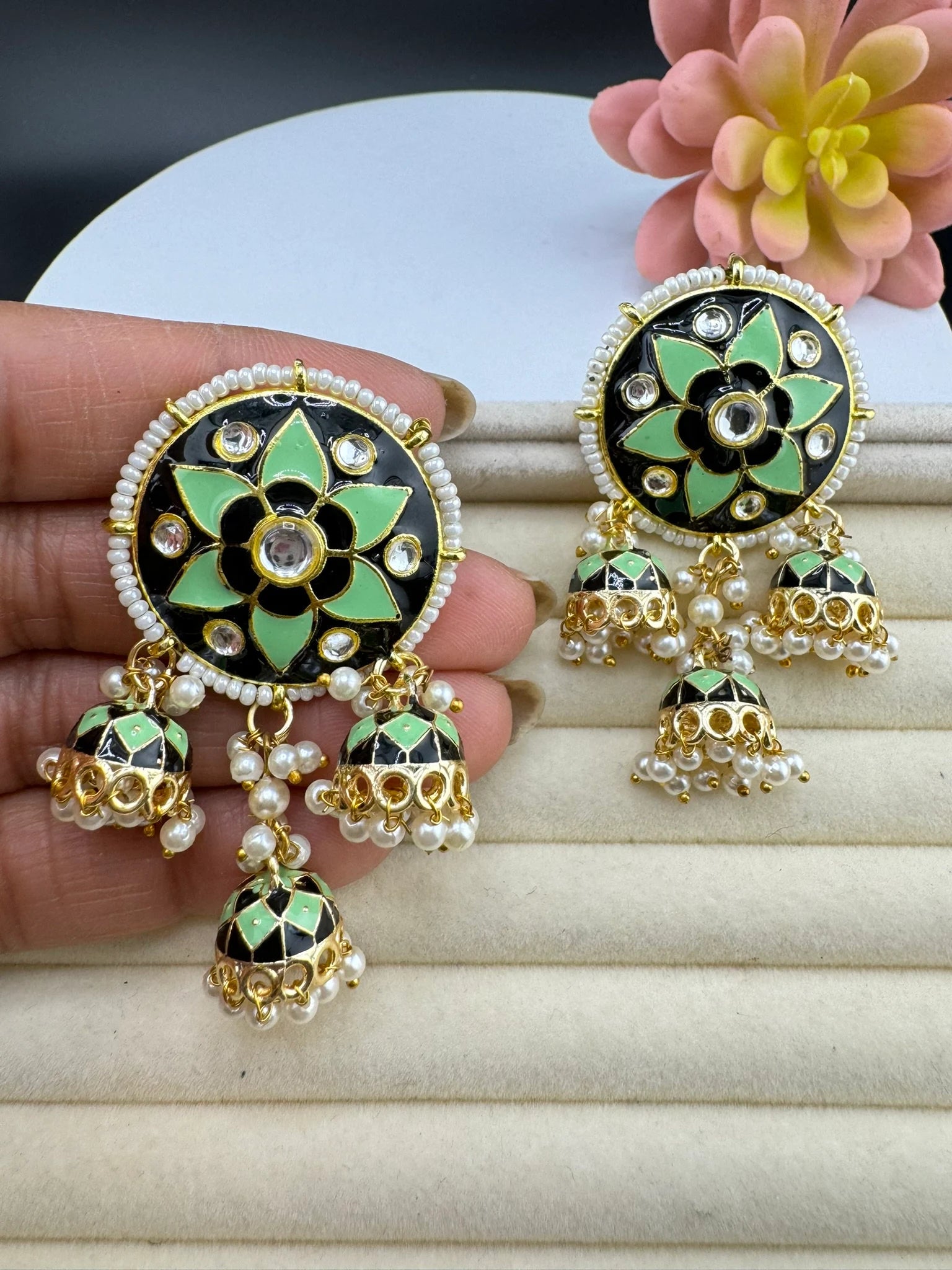 Minakari Stud with Jhumka with Kundan and pearls Earrings