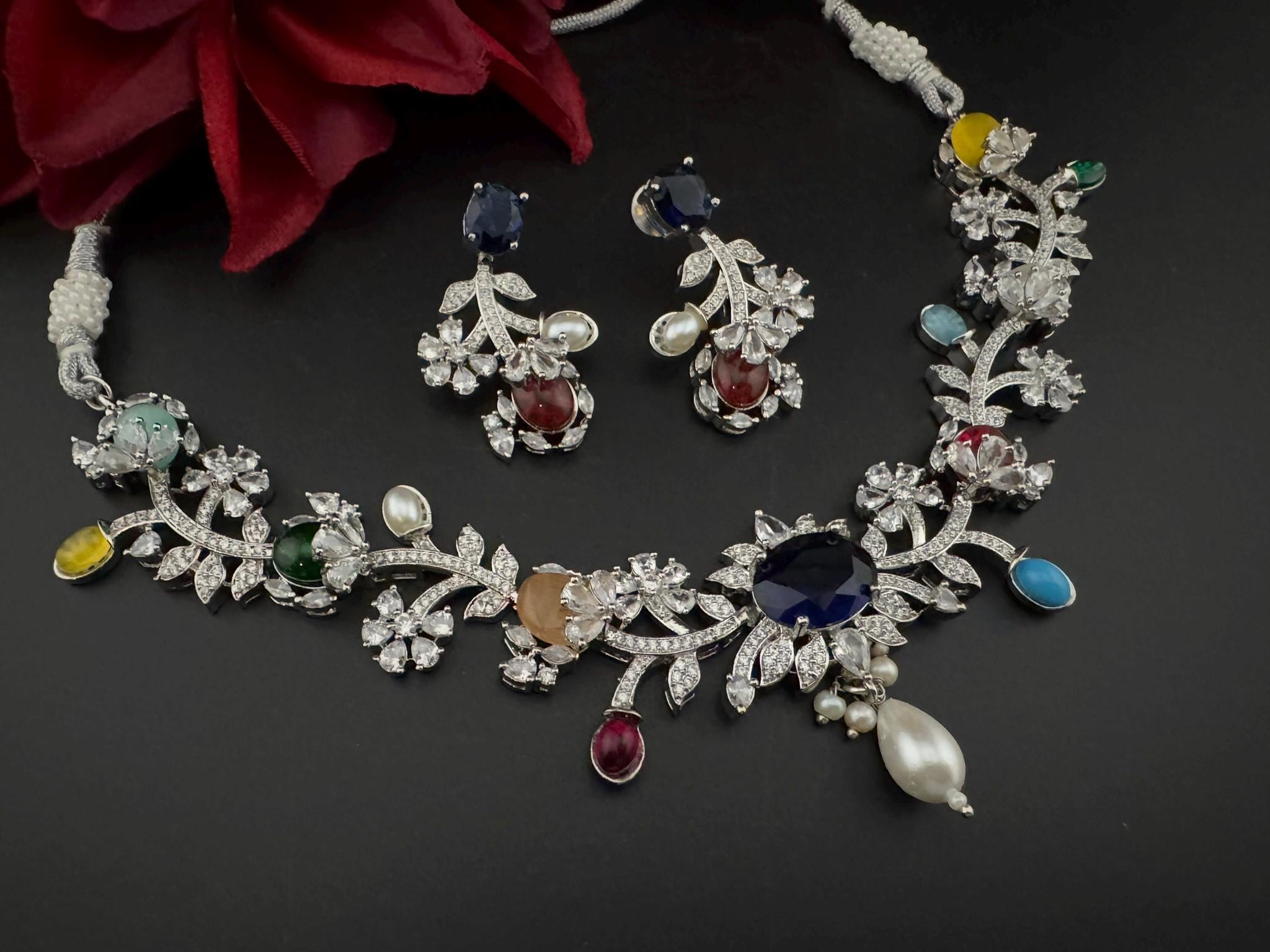 Blue Premium American Diamond, Cubic Zirconia, stones and pearls Floral Necklace with earrings