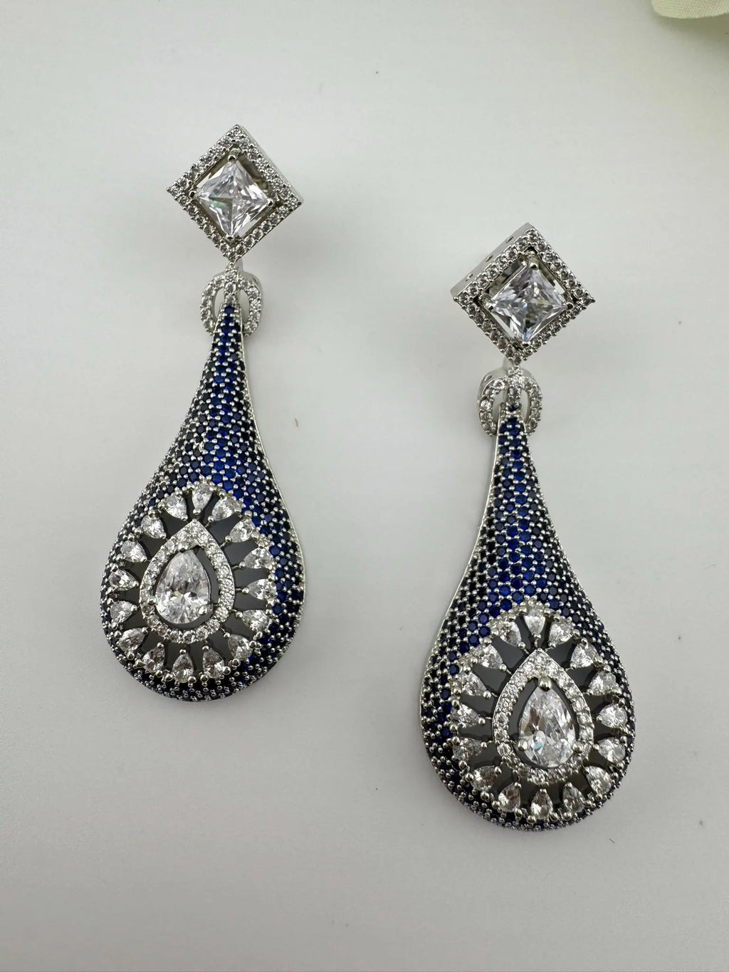 Blue Premium Nano Setting Cubic Zirconia Long Drop earrings with Clear crystal stones