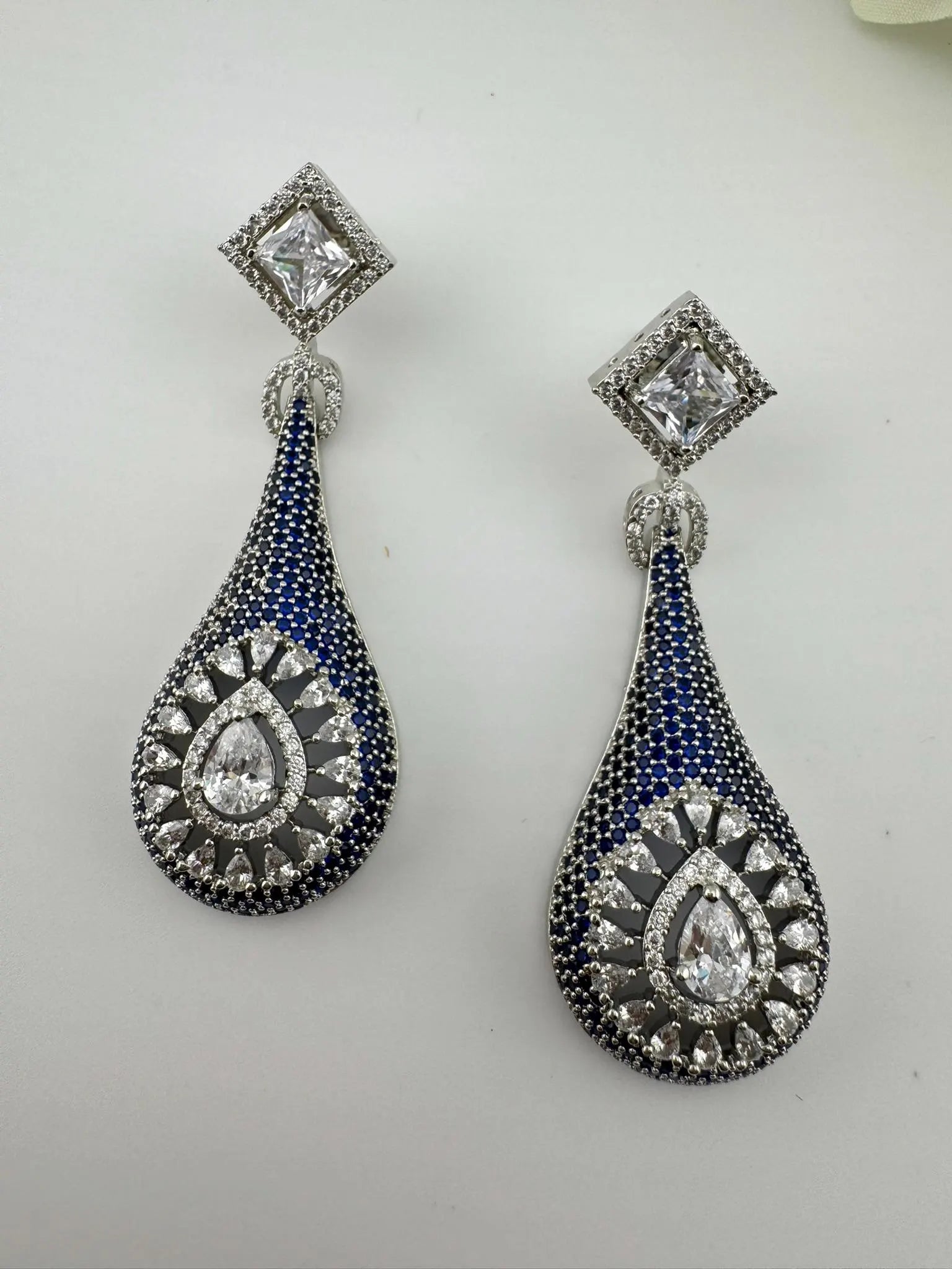 Blue Premium Nano Setting Cubic Zirconia Long Drop earrings with Clear crystal stones