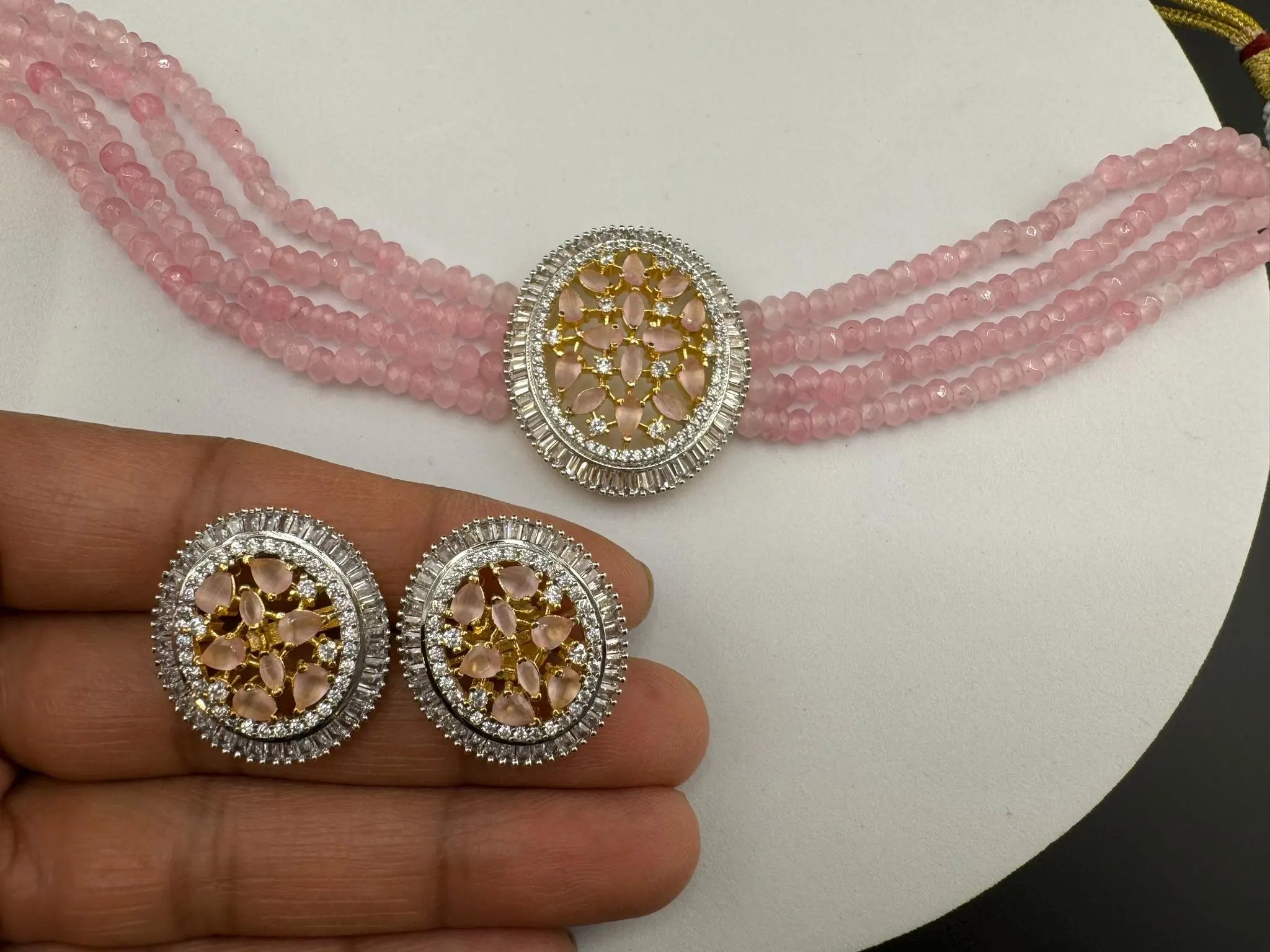 Premium Fusion necklace with CZ Pendant, natural stones and onyx beads choker Necklace set