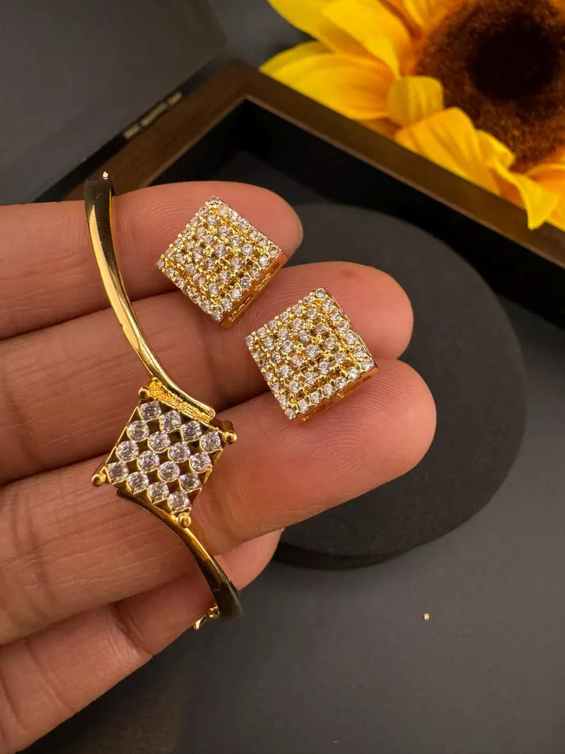 High Quality CZ Gold Polish cubic zirconia Studs with matching Bracelet