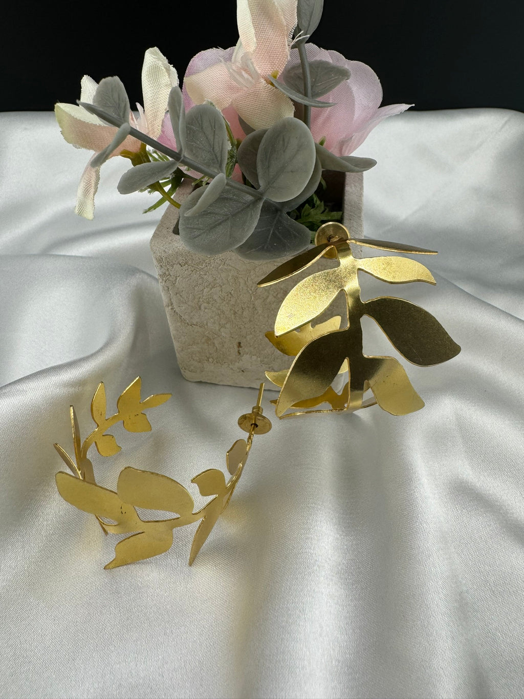 Statement Gold Hoop earrings in unique Leaf design, Leaf hoop