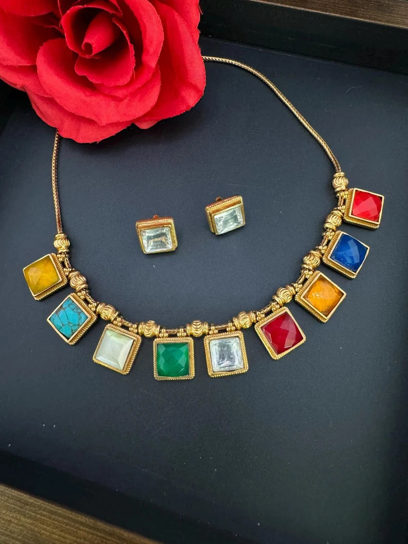 Premium Necklace in Multicolor stone, Kundan in Matt Gold with studs earring