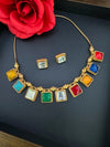 Premium Necklace in Multicolor stone, Kundan in Matt Gold with studs earring