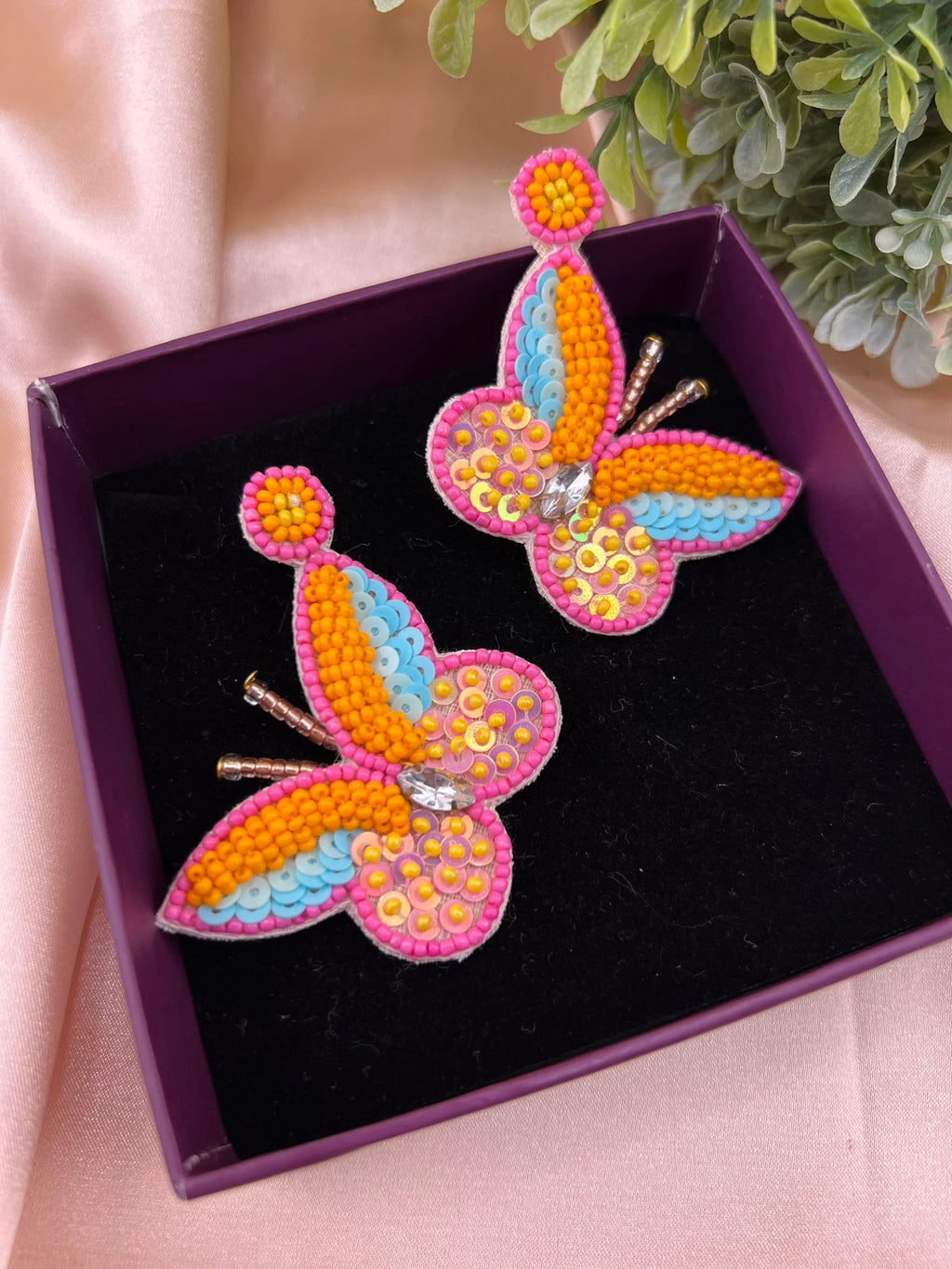 Pastel Orange Butterfly quirky Beaded earring, Handmade earrings