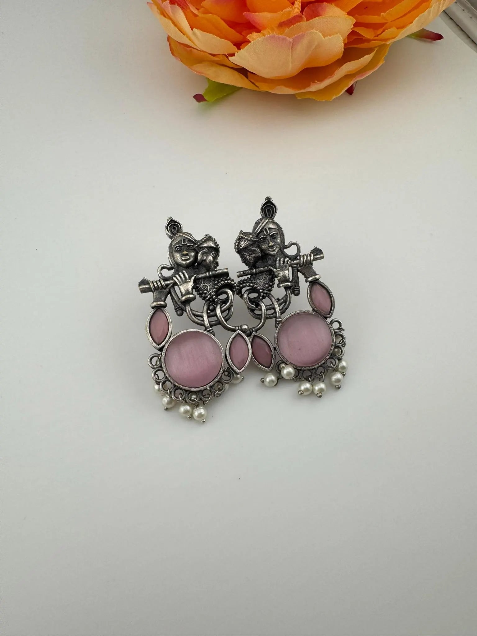 Silver Polish Oxidized German Silver Radhe Krishna Earrings with stones and Pearls